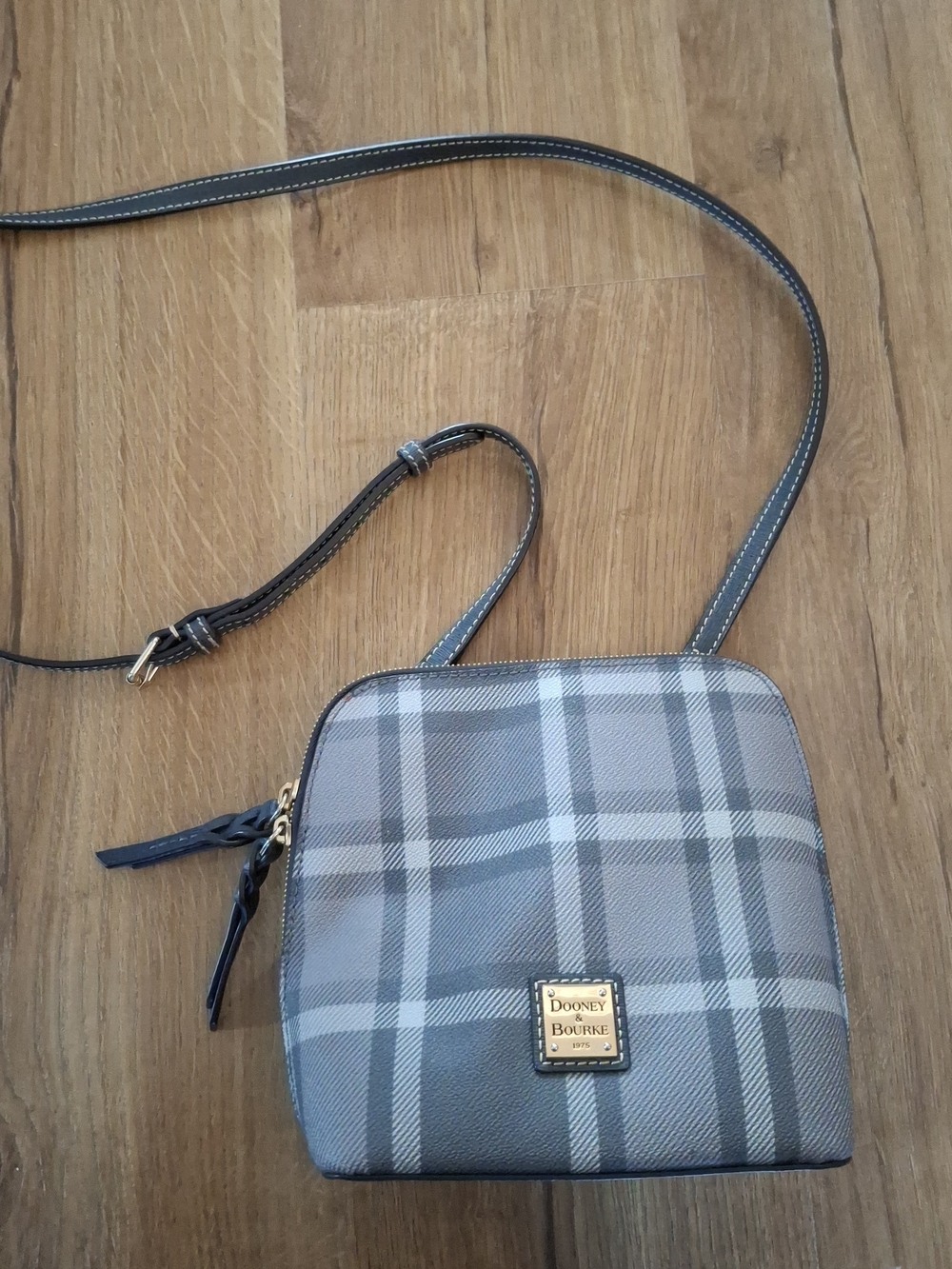 Dooney & Bourke Gray Plaid Crossbody with Gold Logo Plaque